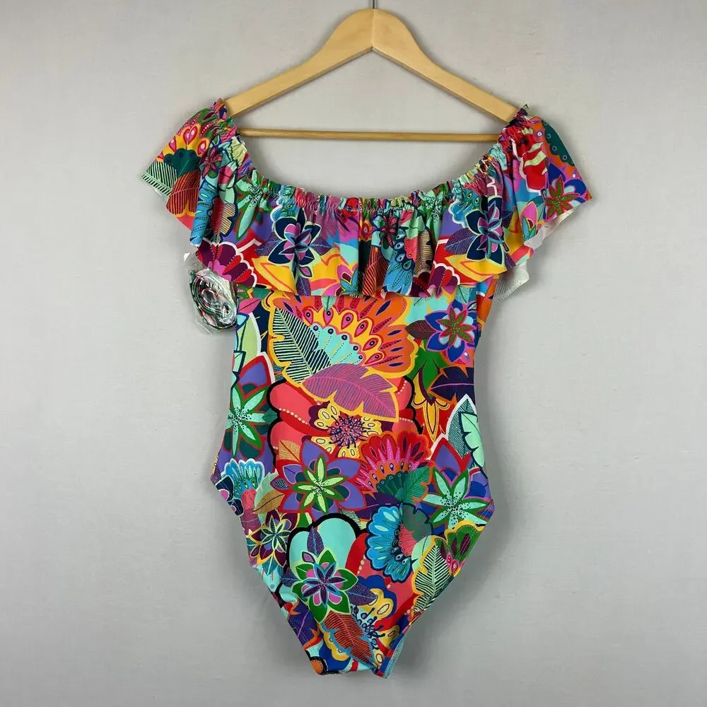 Bleu Rod Beattie Make It Pop Ruffle Shoulder Swimsuit RBMP22738-TJ Womens Size 8